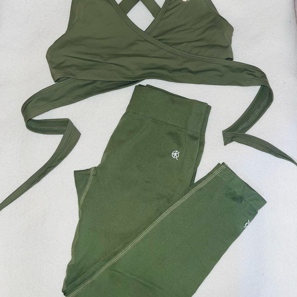Kataya Olive Green Stretchy Athletic Set with Wrap Sports Bra